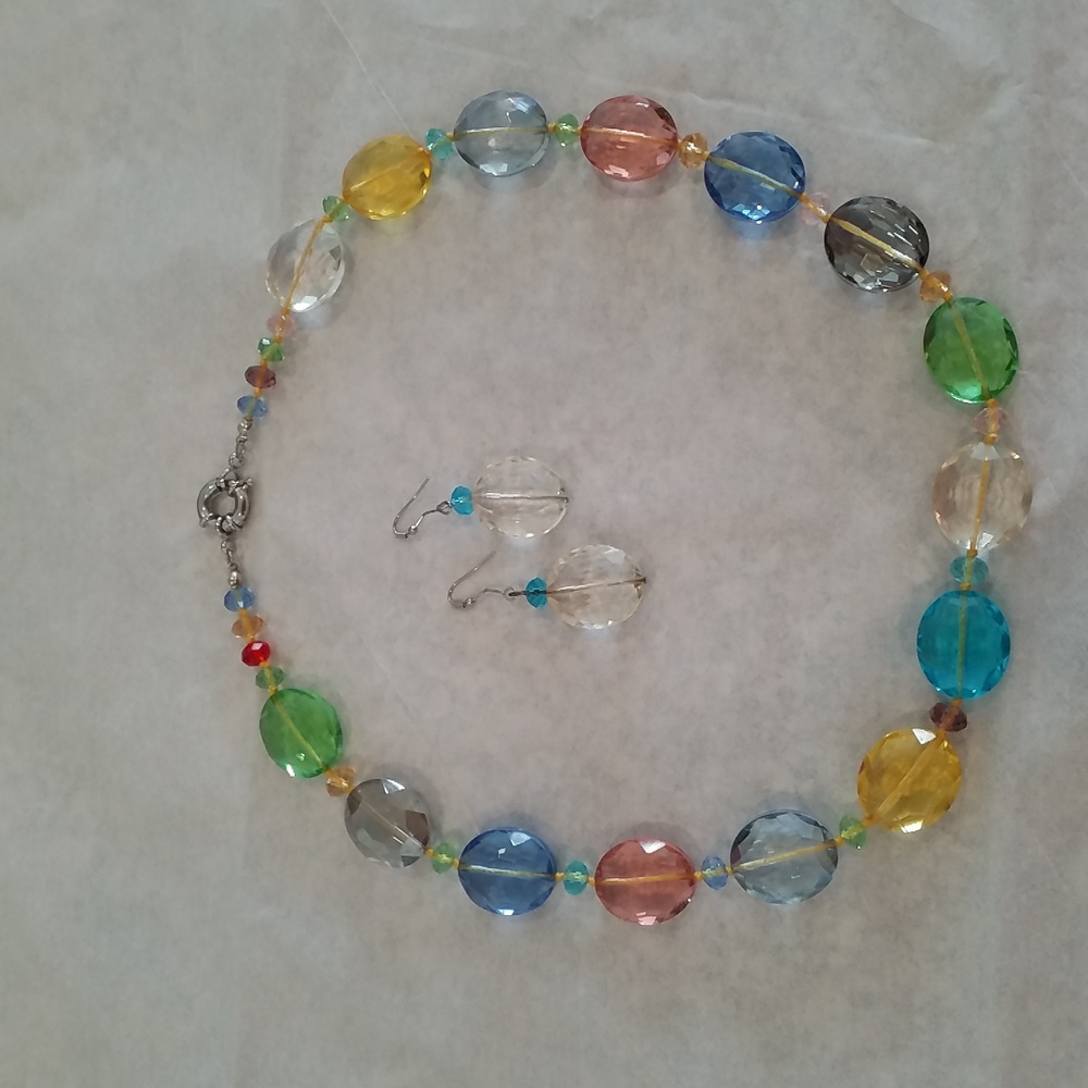 Faceted Multicolored Glass Bead Necklace & Earrings